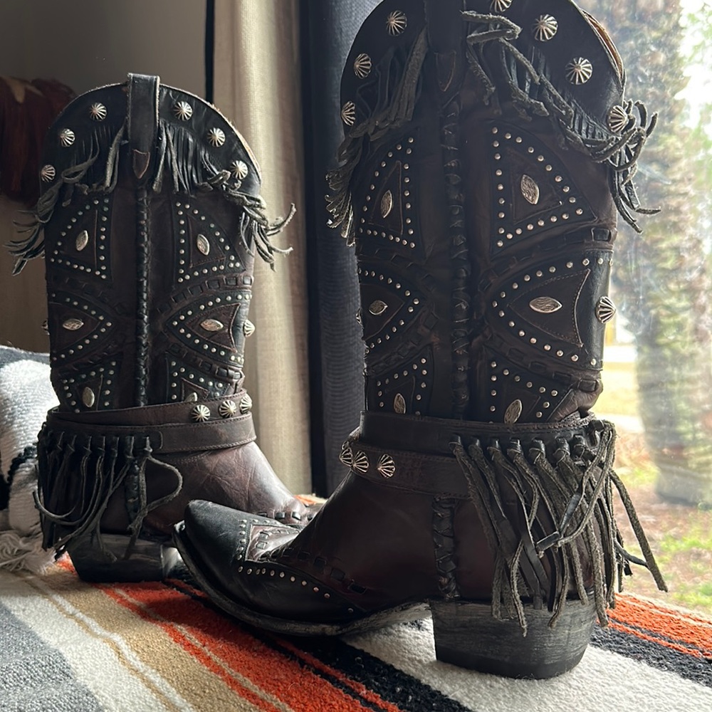 Old Gringo Size 8 Black/Brown leather Fringe Studded Boot